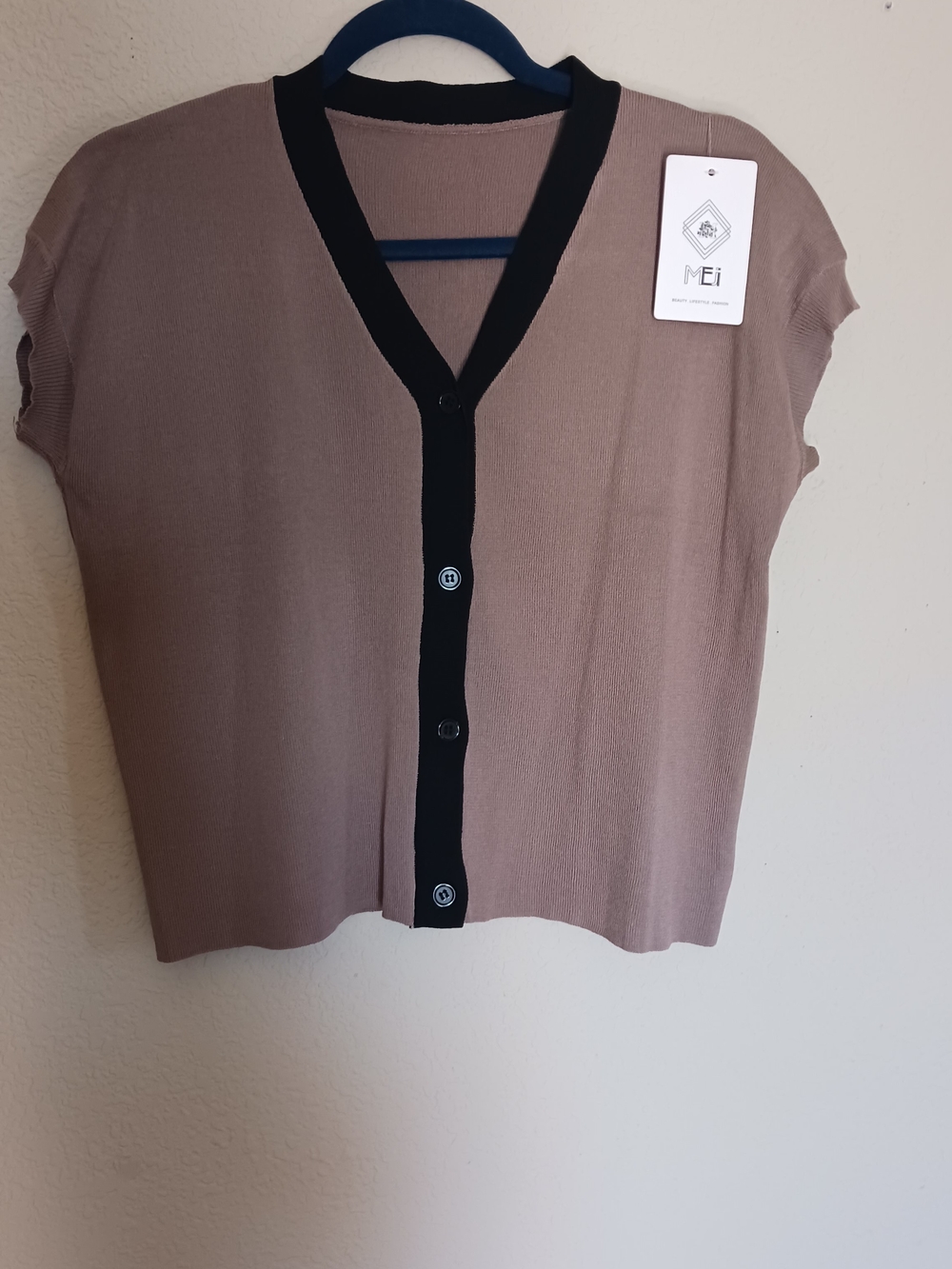 ME Makeover Essentials Taupe Short Sleeve Button-Front Top with Black Trim